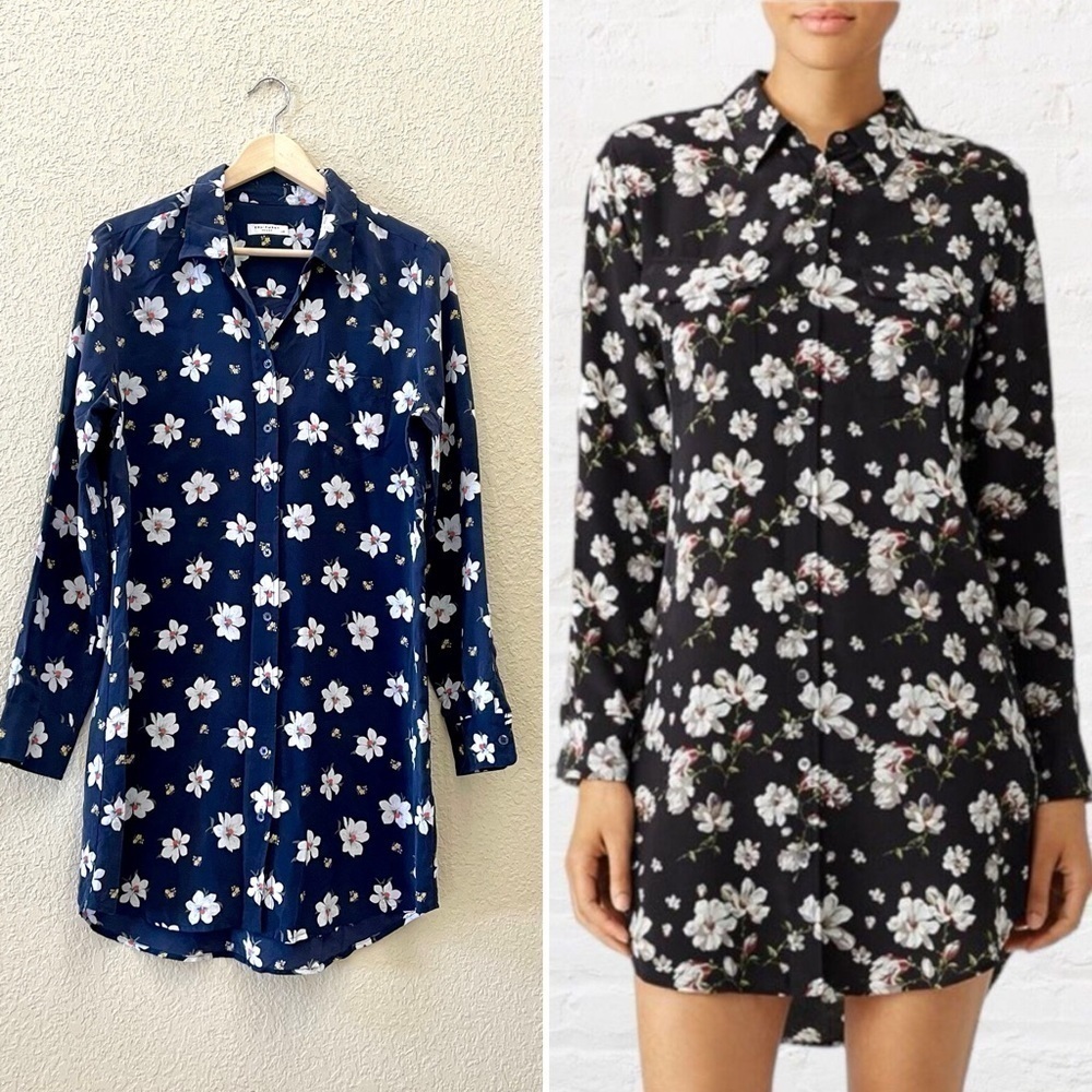 Equipment Dress Button Silk Floral Long Sleeves Casual Cottagecore Blue Large